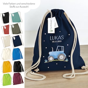 Premium Turnbeutel Traktor personalisiert, Kinder Stoffbeutel Rucksack zum Zuziehen, Schuhbeutel 12L, Sportbeutel Kindergarten, Baumwolle