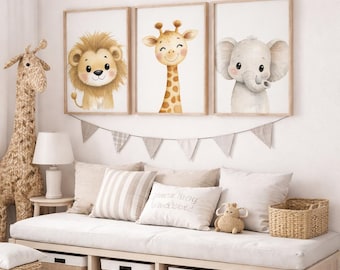 Safari poster voor kinderkamer, aquarel dieren voor babykamer, muurdecoratie met leeuw, giraffe en olifant, neutrale babykamerdecoratie, set van 3