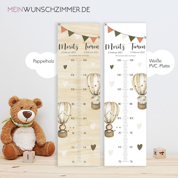 Geschwister Messlatte Heißluftballon Kinder 70-140cm, Zwillinge, Messlatte Holz, Baby, Taufgeschenk, Personalisiert, Kinderzimmer, Geburt