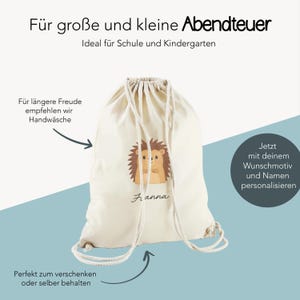 Puede incluir: Una mochila con cord&oacute;n beige con un dibujo de erizo y el nombre "Franna". El texto incluye "F&uuml;r gro&szlig;e und kleine Abendteuer" y "Ideal f&uuml;r Schule und Kindergarten". La mochila est&aacute; dise&ntilde;ada para la personalizaci&oacute;n.