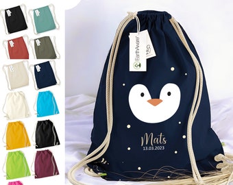 Premium gym bag penguin personalized, children's fabric bag backpack to close, shoe bag 12L, sports bag kindergarten, cotton