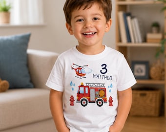 Maglietta personalizzata da pompiere per il compleanno dei bambini | Maglietta con camion dei pompieri e nome | Abbigliamento per il compleanno di bambini e bambine | Regalo di compleanno