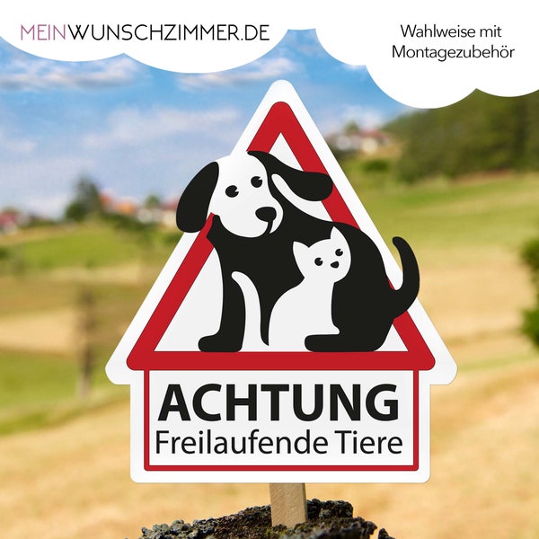 Schild Achtung Freilaufende Tiere (verschiedene Sprachen) Aluverbund, Warnschild, Tiere, Hundeschild, Katzenschild