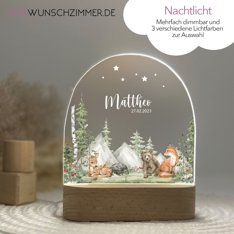 Geschenk Waldtiere 2 Geburt, Nachtlicht Kinder, Nachtlicht personalisiert, Nachtlicht Baby, Babygeschenk Geburt, Lampe Kinderzimmer Bild 1