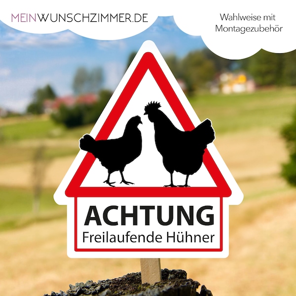 Schild Achtung Freilaufende Hühner als Aluverbund, Warnschild, Tiere