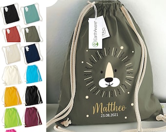 Premium Turnbeutel Löwe personalisiert, Kinder Stoffbeutel Rucksack zum Zuziehen, Schuhbeutel 12L, Sportbeutel Kindergarten, Baumwolle