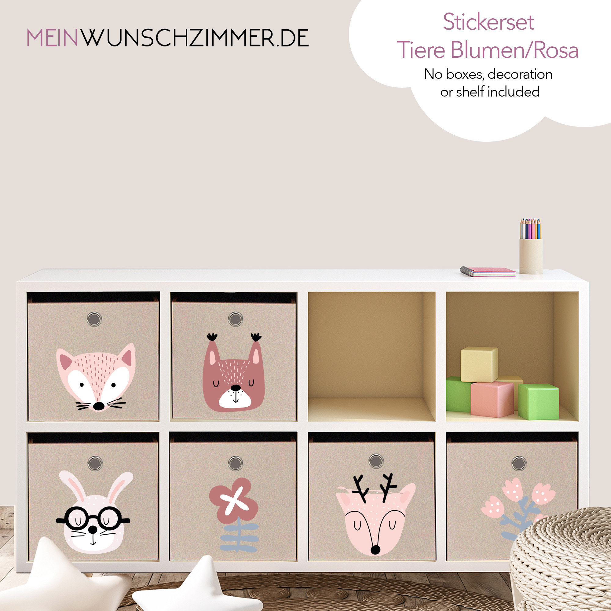 Set of 6 box stickers animals flowers pink, stickers for folding boxes, children's room decoration, decoration, Kallax box