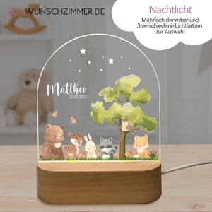 Op de afbeelding: Een houten nachtlampje met een transparante koepel met een bos scène met een beer, hert, konijn, wasbeer en vos. De koepel heeft ook sterren en de naam "Mattheo" met de datum "27.02.2023".