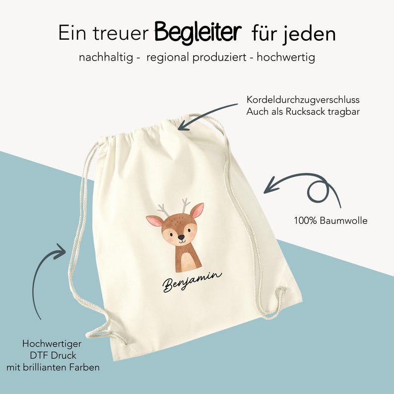 Puede incluir: Mochila con cord&oacute;n de color crema con una ilustraci&oacute;n de ciervo y el nombre "Benjamin". La bolsa tiene un cierre de cord&oacute;n y est&aacute; hecha de 100% algod&oacute;n. El texto en la bolsa dice "Un compa&ntilde;ero leal para todos".