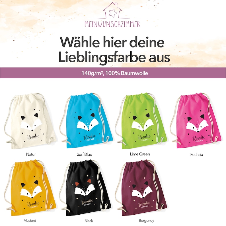 Premium Turnbeutel Fuchs personalisiert, Kinder Stoffbeutel Rucksack zum Zuziehen, Schuhbeutel 12L, Sportbeutel Kindergarten, Baumwolle Bild 2