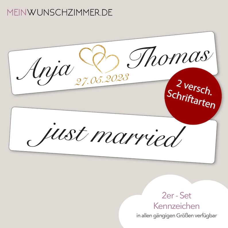 Hochzeit Kennzeichen versch. Größen, Herz in Gold, KFZ Schild, Heirat, Nummernschild, just married, Autokennzeichen, Wedding Bild 1