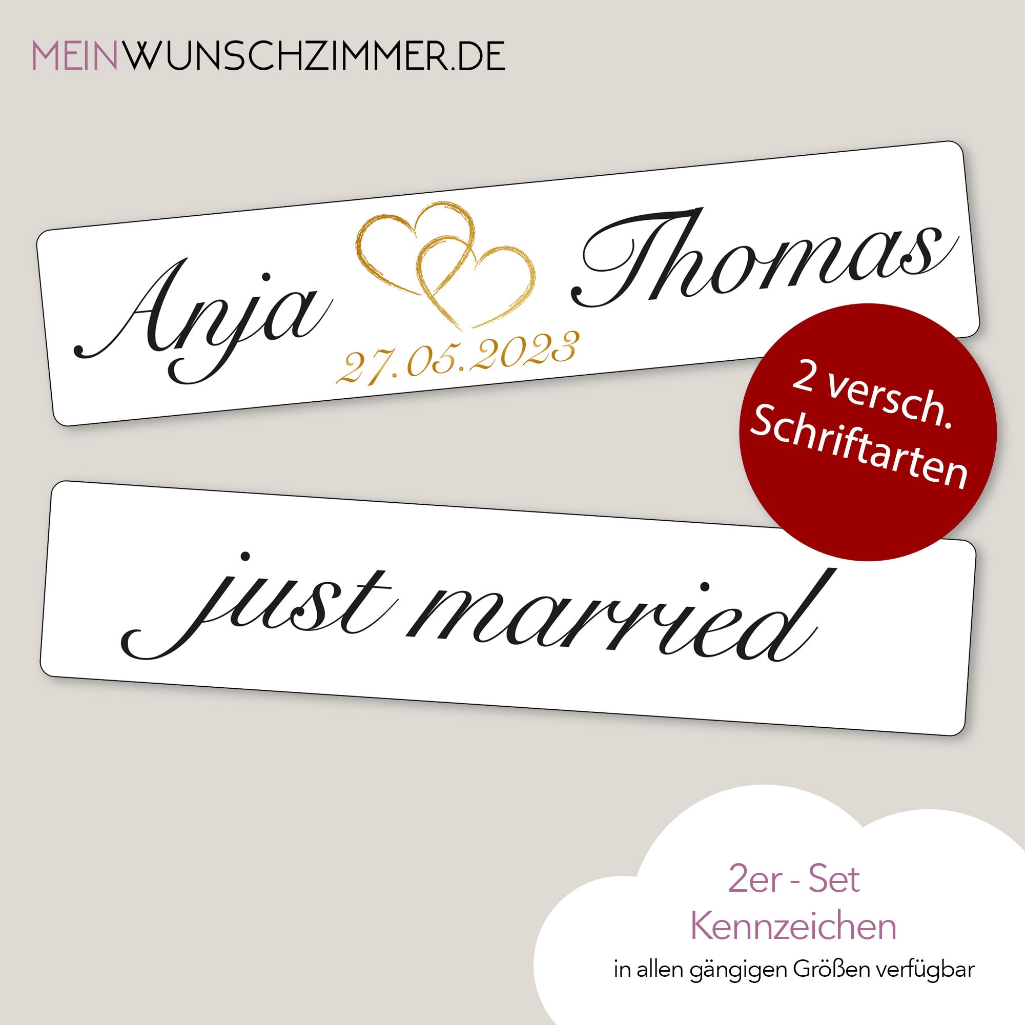 Hochzeit Kennzeichen versch. Größen, Herz in Gold, KFZ Schild, Heirat,  Nummernschild, just married, Autokennzeichen, Wedding - .de