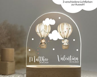 Geschenk Heißluftballon Geschwister Geburt, Nachtlicht Kinder, Nachtlicht personalisiert, Nachtlicht Baby, Babygeschenk Geburt, Zwillinge