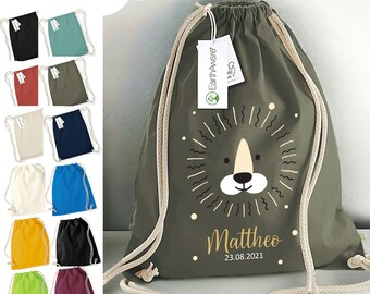 Premium Turnbeutel Löwe personalisiert, Kinder Stoffbeutel Rucksack zum Zuziehen, Schuhbeutel 12L, Sportbeutel Kindergarten, Baumwolle