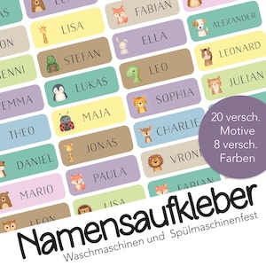 Könnte beinhalten: Ein Bogen bunter Namensaufkleber mit verschiedenen Tierillustrationen, darunter eine Giraffe, ein Fuchs und ein Löwe. Jedes Etikett trägt einen anderen Namen, wie Lisa, Stefan und Lukas. Der Text "Namenaufkleber" befindet sich unten.