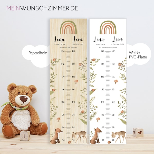 Geschwister Messlatte Wald Kinder 70-140cm, Zwillinge, Messlatte Holz, Baby, Taufgeschenk, Personalisiert, Kinderzimmer, Geburt