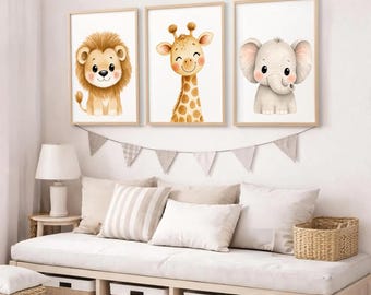 Safari Poster Kinderzimmer, Aquarell Tiere Babyzimmer, Löwe Giraffe Elefant Wandbilder, neutrale Nursery Deko, 3er Set