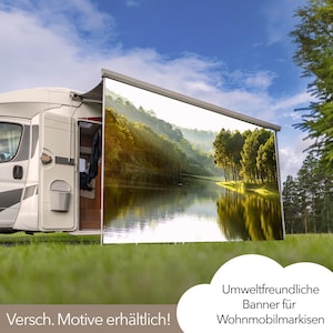 Lona de toldo para autocaravanas e caravanas Lago na floresta, faixa de toldo, tela de privacidade, proteção solar, impressão individual, acampamento, ao ar livre