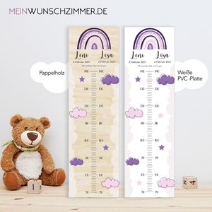 Vara de medição de irmãos nuvens roxas crianças 70-140 cm, gêmeos, vareta de medição de madeira, bebê, presente de batismo, personalizado, quarto infantil, nascimento