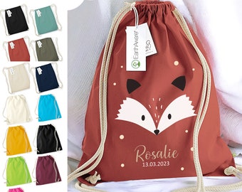 Premium Turnbeutel Fuchs personalisiert, Kinder Stoffbeutel Rucksack zum Zuziehen, Schuhbeutel 12L, Sportbeutel Kindergarten, Baumwolle