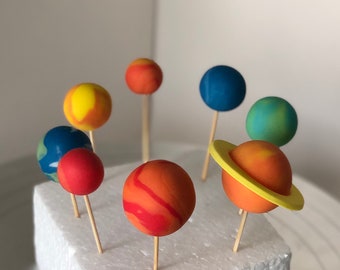 Solar system planets Edible Cake Toppers for birthday, bright colours, marbled - Handmade, hand-painted, marbled, space theme