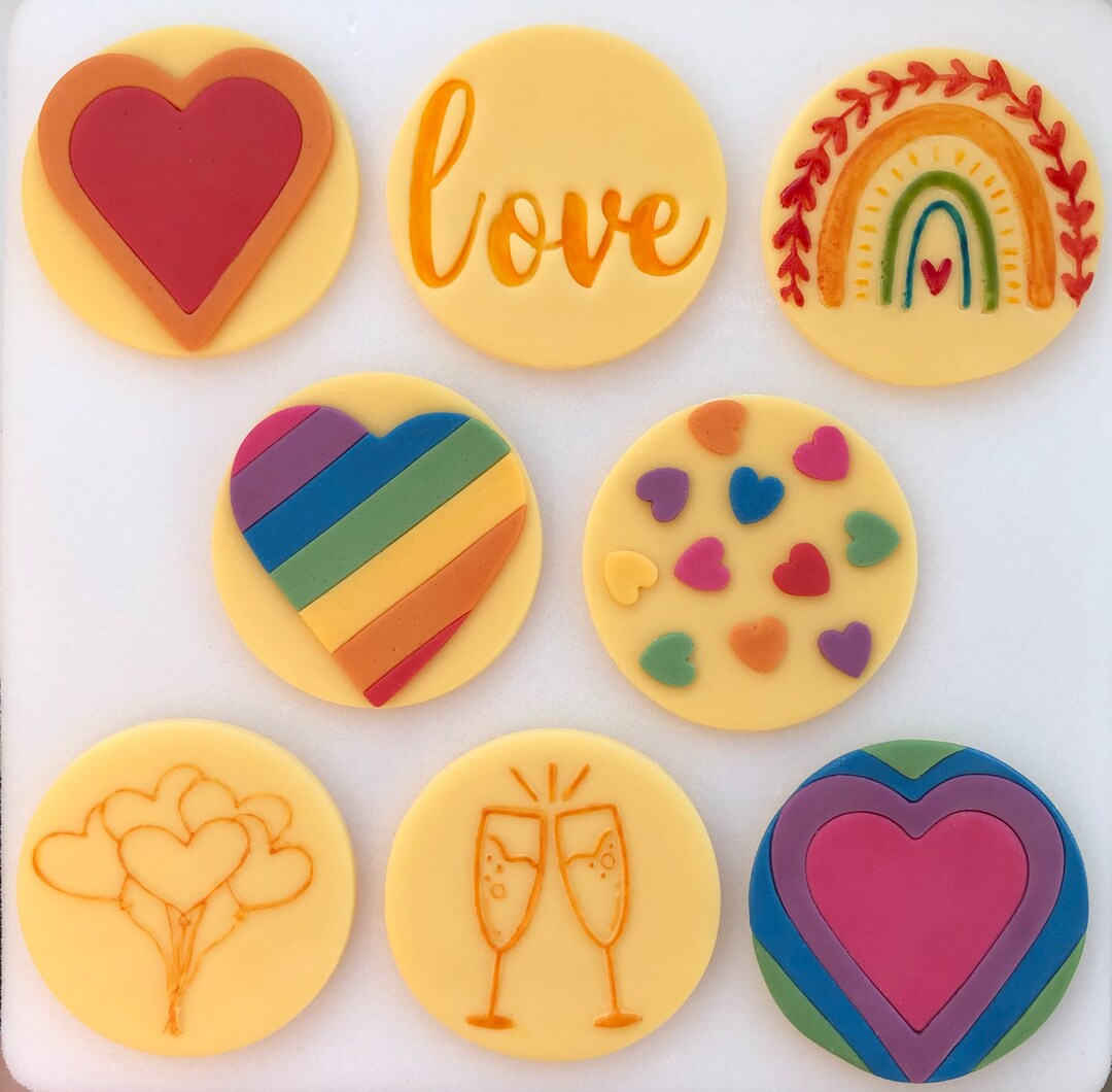 4, 6, 8 Edible Valentines Sugarpaste Cupcake / Cookie Toppers Bright