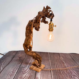 Könnte beinhalten: Handgefertigte Tischlampe aus Holz mit einem natürlichen, strukturierten Treibholzsockel. Die Lampe hat eine Messing-Glühbirnenfassung und eine Edison-Glühbirne im Vintage-Stil. Das Kabel der Lampe ist aus braunem, geflochtenem Stoff.