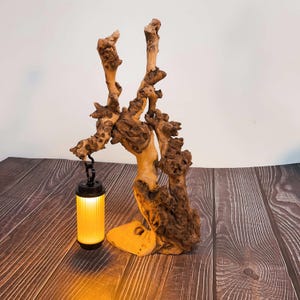May include: A unique, handcrafted lamp featuring a natural wood base with intricate knots and branches. A small, cylindrical lantern with a yellow glow hangs from the wood. The lamp sits on a wooden surface, creating a warm, rustic ambiance.