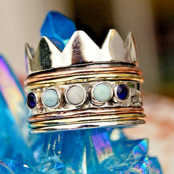 Crown Ring Spinring 5Er Drehring Tricolor Copper Brass 925 Sterling Silver Opal Sapphire Larimar Silver Ring Crown Wide 1.7 cm Handmade