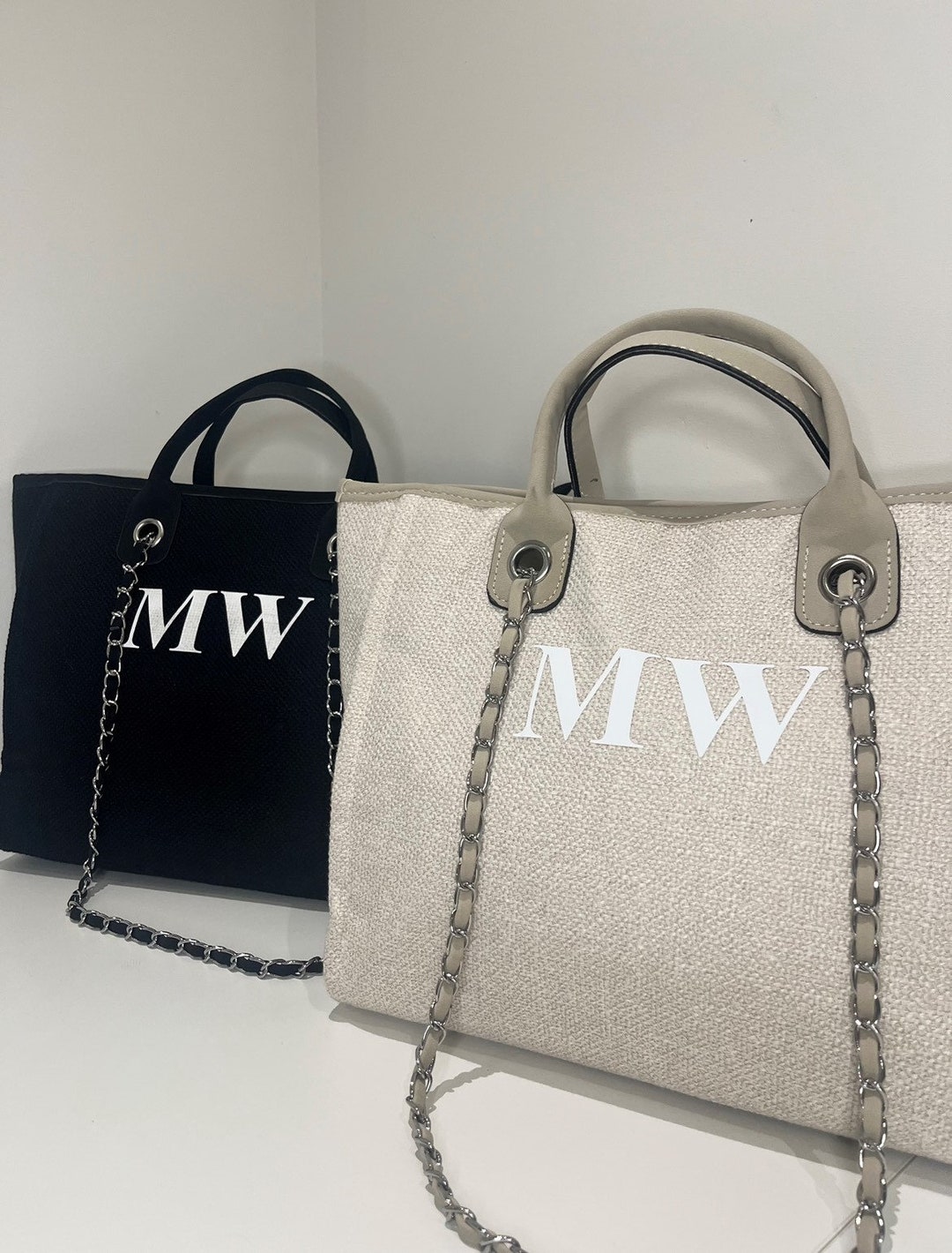 Personalised Bag, Bag With Initials, Black Initial Bag, Cream Initial