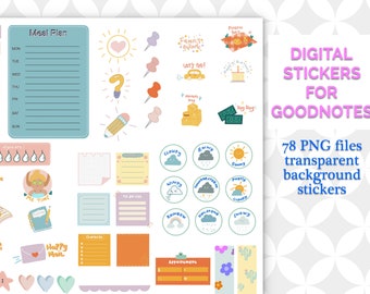 Cute Weather, Washi Strips, Notes, Meal Plan Digital Stickers for Goodnotes | Planner | Pre-cropped & Transparent background