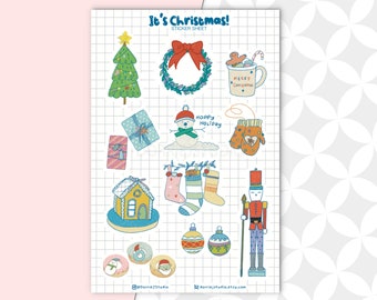 Holiday Christmas Sticker Sheet | Nutcracker, Snowman, Christmas Tree | Cute Stickers | Scrapbook Planner Bullet Journal Sticker