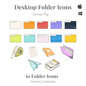 Puede incluir: Una colección de 61 iconos de carpeta de escritorio digitales en varios colores incluyendo blanco, naranja, rojo, morado, negro, lima, verde azulado, rosa, azul y amarillo. Incluye ilustraciones de cinta adhesiva, bloc de notas, libro, archivo, avión de papel y pilas de papel.