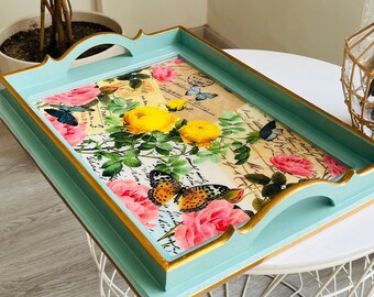 Handmade Painted Wooden Serving Tray | Valentines day gift | Wooden Decor | Gift for her | Vintage Tea Tray