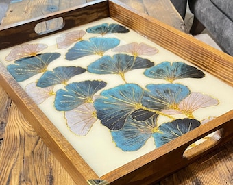 Painted Massive Wood Serving Tray with Handles, Unique Gift, Handcrafted Serving Tray