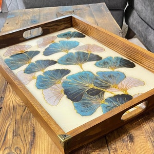 Painted Massive Wood Serving Tray with Handles, Unique Gift, Handcrafted Serving Tray