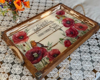 Handgefertigtes Serviertablett im Decoupage Holz Design: Mohnblumen Design