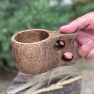 Kuksa cup big, curly birch and antler, two fingers