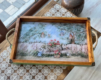 Handmade Painted Wood Serving Tray: Large Decoupage Wedding Decor
