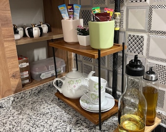 Organizador rectangular de madera de 2 niveles para cocina y baño con soporte de metal: solución de almacenamiento