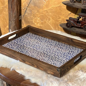 Stunning Handmade Painted Wood Ottoman Serving Tray with Handles - Perfect Birthday Gift for Women, Unique and Versatile Wooden Decor