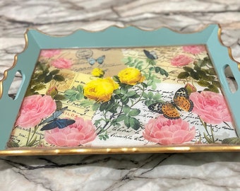 Handmade Painted Wooden Serving Tray with Epoxy | Christmas gift | Wooden Decor | Gift for her | Vintage Tea Tray