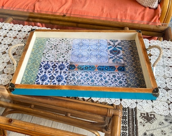 Handmade Painted Wood Ottoman Tray: Epoxy Resin Decor