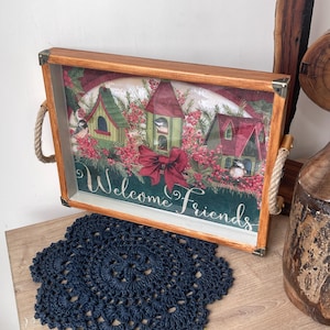 Handmade decoupage Painted Massive Wood Serving Tray with handles| New year gift | Wooden Decororative tray