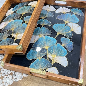 Painted Massive Wood Black Serving Tray with Original Handles, 2 pcs  Unique Gift for Mother, Handcrafted Serving Tray