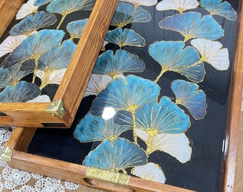 Painted Massive Wood Black Serving Tray gift with Original Handles, 2 pcs  Unique Gift for Mother, Handcrafted Serving Tray gift