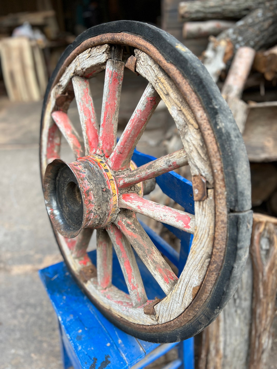 Very Old Antique Carriage Wagon Wheel for Rustic Wood Decoration Cart