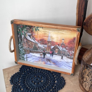 Handmade decoupage Painted Massive Wood Serving Tray with handles| New year gift | Wooden Decororative tray