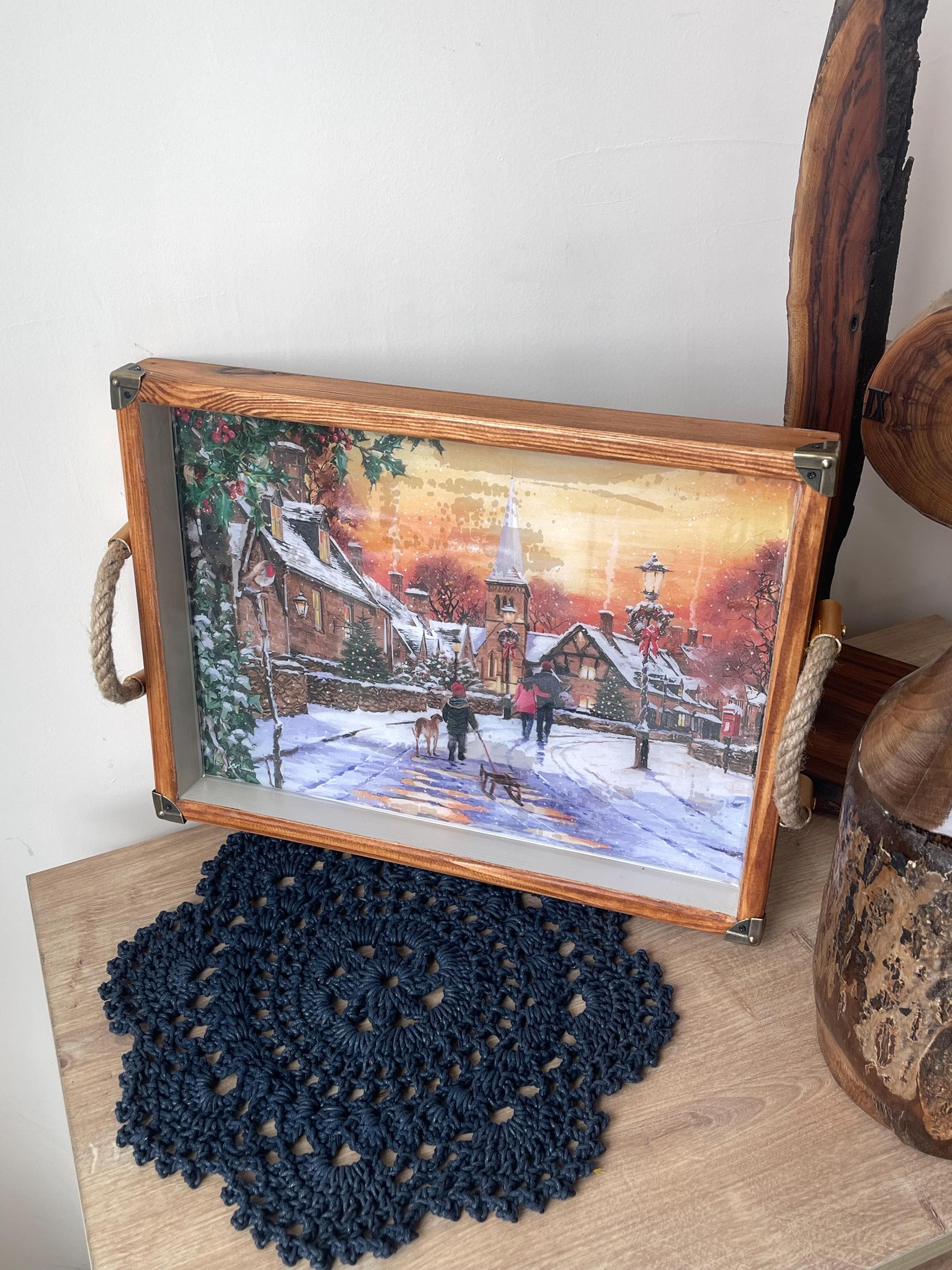 Handmade decoupage Painted Massive Wood Serving Tray with handles| New year gift | Wooden Decororative tray