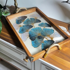 Handmade Painted Massive Wood Serving  Tray with handles |Mothers day gift  | Wooden Ginkgo Biloba Decor | Birthday gift for women